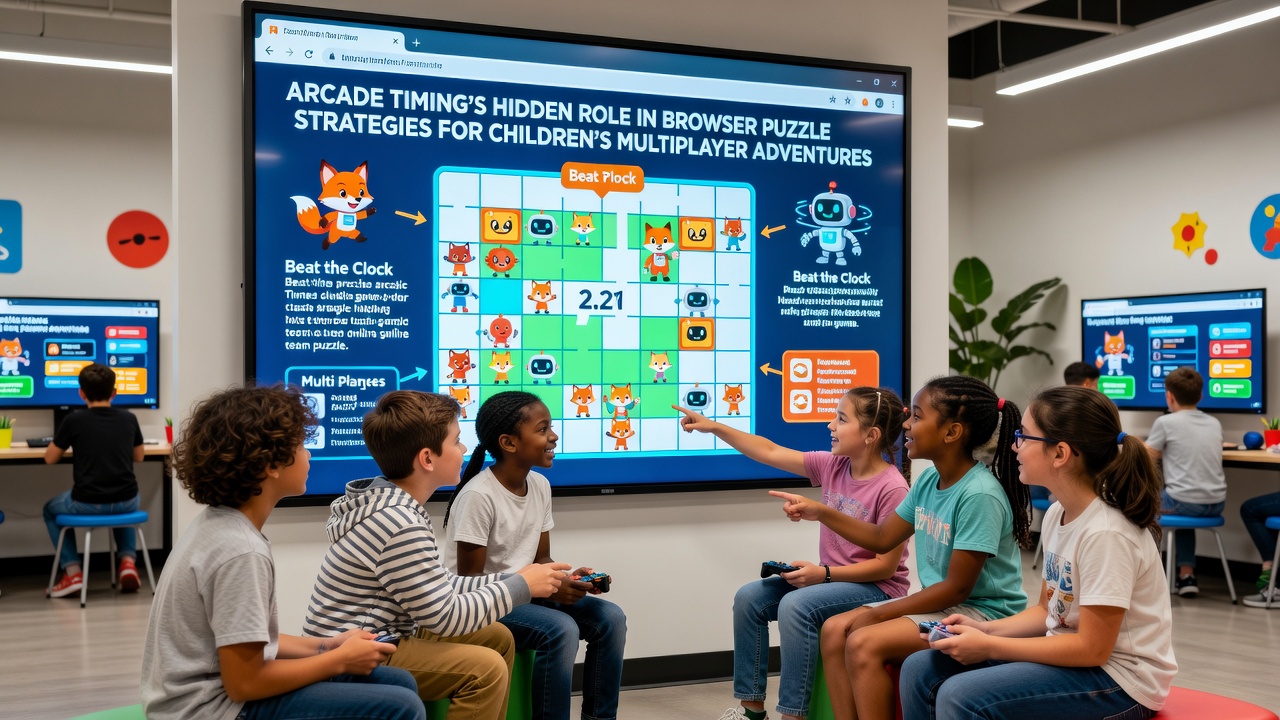 Multiplayer browser puzzle interface showing synchronized timing indicators and child participants