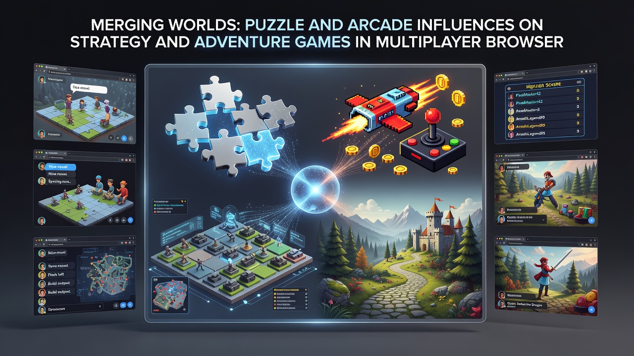 Players collaborating in a browser-based adventure game with overlaid arcade scoring and puzzle interfaces
